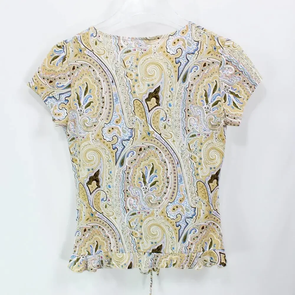 RAVE Vintage 2000's Tan Paisley Floral Ruched Short Sleeve Scrunchy Top - Picture 5 of 7